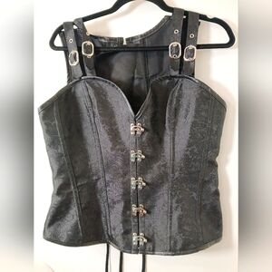 Sold! Gothic Black Brocade Corset Top XL Buckle Straps Lace Up Back Steampunk‎